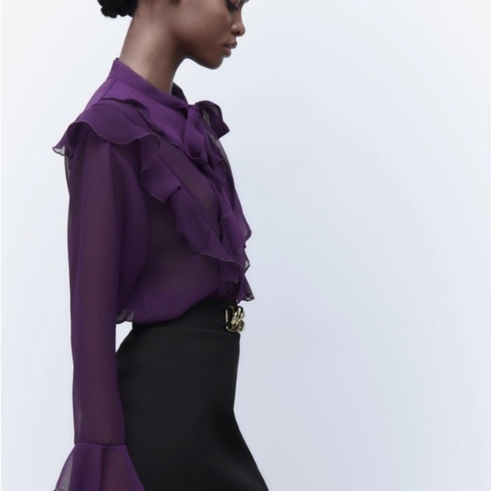 Zara Deep Purple Sheer Ruffle Blouse - Picture 4 of 11